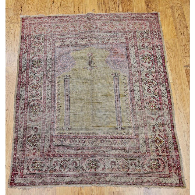 Brown Late 19th Century Turkish Prayer Rug, Handwoven Wool, Pale Yellow, 4' x 4' For Sale - Image 8 of 16