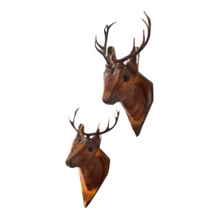 Vintage Hand-Carved Wooden Deer Head Wall Mounts – Rustic Cabin Decor Set of 2 For Sale