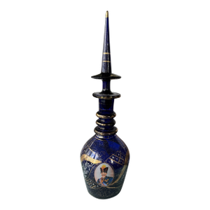 Antique Bohemian Czech Cobalt Blue Gilt Decorated Art Glass Decanter With Portrait