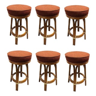 1950s Restored Rattan Double Stand Arched Leg Barstool With Red Seat- Set of 6 For Sale