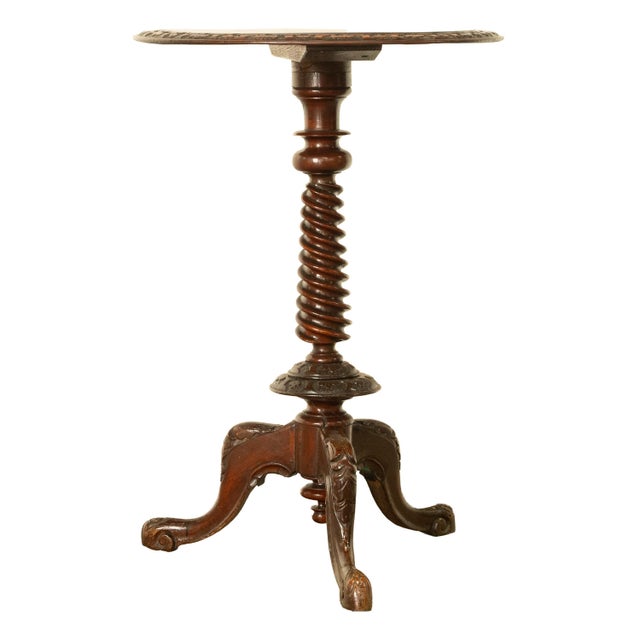 A fine antique Irish burl walnut hand-carved, tripod spiral pedestal wine table, circa 1860. This fine walnut tripod table...