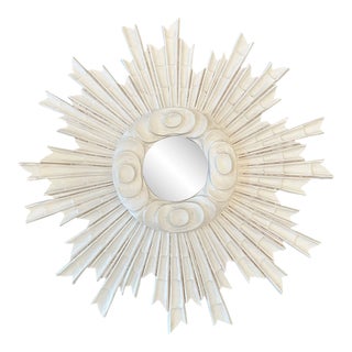 Vintage 24” White Sunburst Wall Mirror - Made in France For Sale