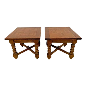 1970s Vintage M House Nightstands Lamp Tables Barley Twist Legs Inlays - a Pair