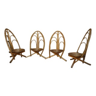 Sculptural Rattan and Wood Lounge Chairs, 1960s, Set of 4 For Sale