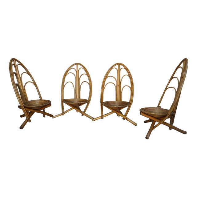 Sculptural Rattan and Wood Lounge Chairs, 1960s, Set of 4 For Sale