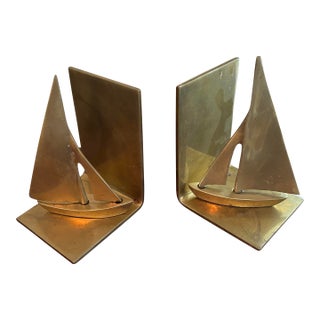 Pair Mid Century Solid Brass Sailboat Bookends For Sale