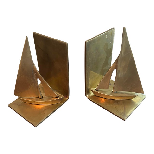 Pair Mid Century Solid Brass Sailboat Bookends For Sale