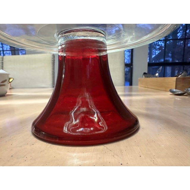 Mid Century Modern Vintage Med Punch Bowl Valentine’s Day Clear Glass Red For Sale - Image 4 of 5