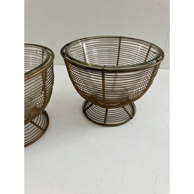 Pair of Vintage Brass Wire Bowls With Glass Inserts - Mid-Century Decorative Bowls For Sale - Image 4 of 8