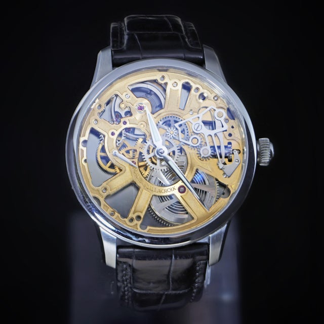 Maurice Lacroix Masterpiece ref. MP7228 in stainless steel, circa 2013, featuring a gold-tone skeletonized dial,...