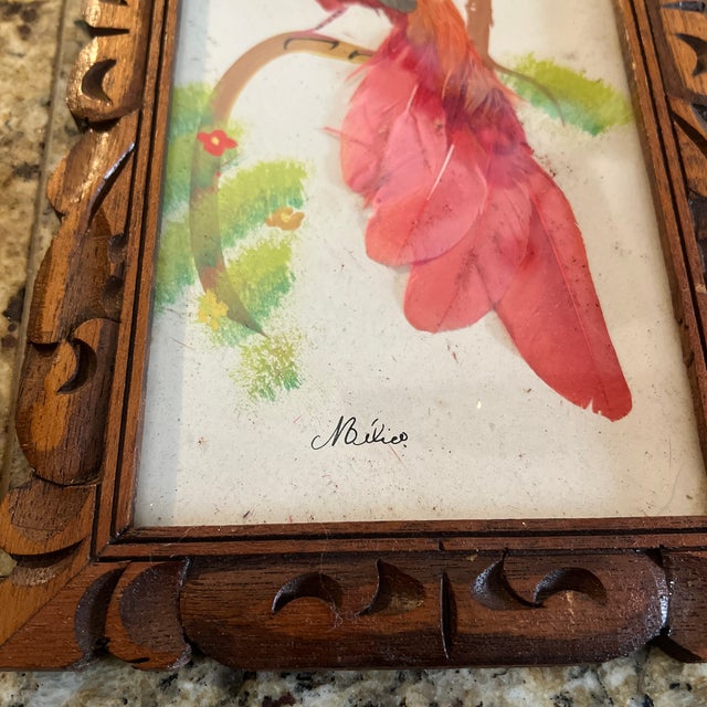 Original Boho Art of Mexican Feather Craft Birds. Vintage 1970’s. Pair. For Sale - Image 4 of 9