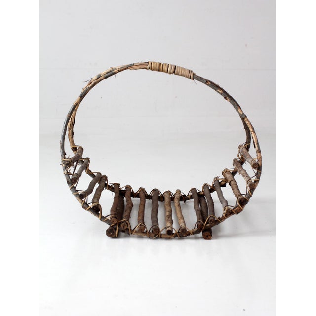 Brown Vintage Rustic Twig Basket With Arched Handle For Sale - Image 8 of 18