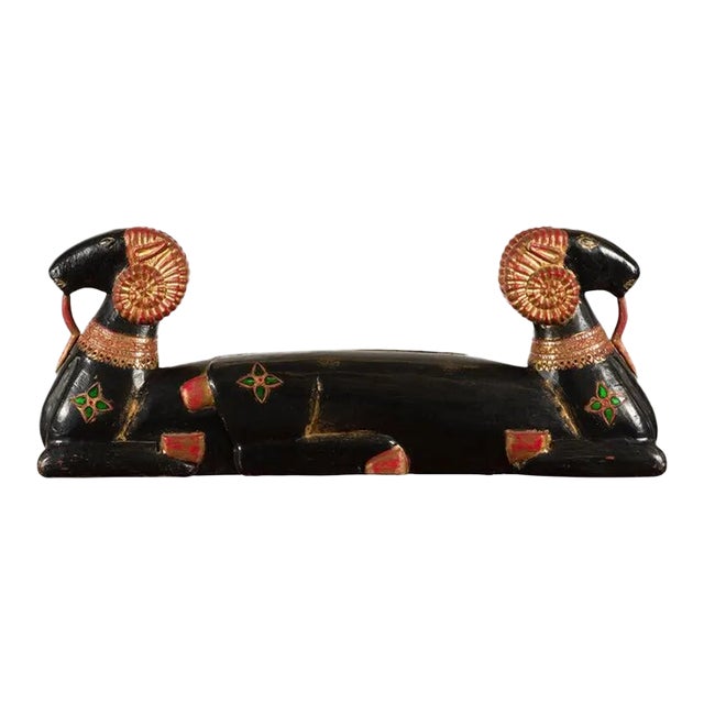 Vintage Northern Thai Double Ram Painted Sculpture with Gilt & Jewelry Motifs For Sale