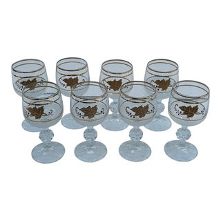 1970s Collection of Gold Painted Glasses With Leaf Details- Set of 8 For Sale