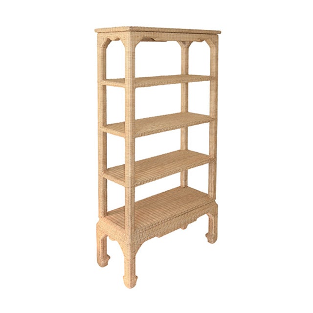 New special order item. Not vintage. The Cavalier woven rattan etagere is inspired by the style of the Chinese Ming...