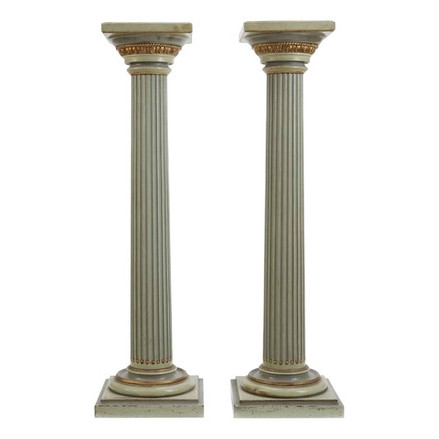 20th Century Italian Light Green and Gold Columns with Doric Style Carvings, 1950s, Set of 2 For Sale