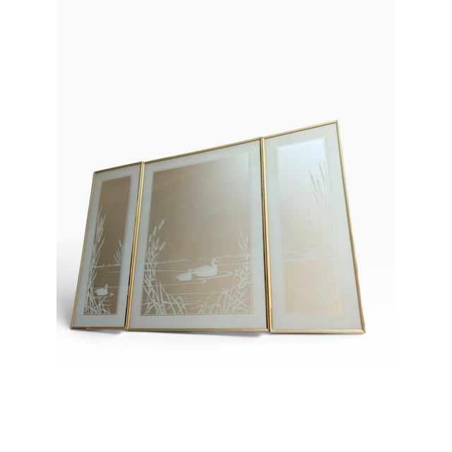 Late 20th Century Vintage Three-Piece Swan Etched Mirror Set With Gold-Tone Frames For Sale - Image 5 of 8