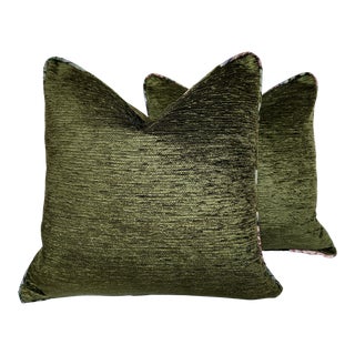 Woven Velvet Green Pillow With Piping - a Pair For Sale