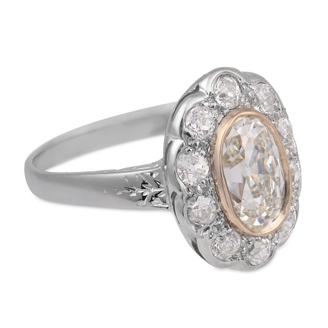 1930s 1930s Art Deco Gia 1.02 Carat Oval Cut Diamond Cluster Platinum Engagement Ring, Size 4 For Sale - Image 5 of 8