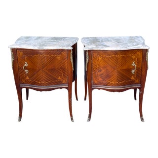 Antique French Bronze Mounted Inlaid Mahogany Marble Top Nightstands -A Pair For Sale