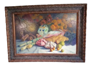 1970s Still Life With Candles, Fish and Fruit Oil Painting by Alfonso Tirado, Framed