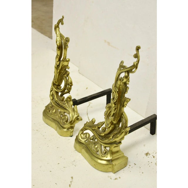 19th Century French Rococo-Style Brass Andirons, Pair For Sale - Image 4 of 9