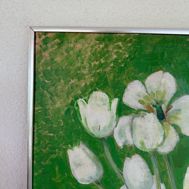 Mid 20th Century Midcentury Oil on Board Floral Still Life of White Tulips For Sale - Image 5 of 12