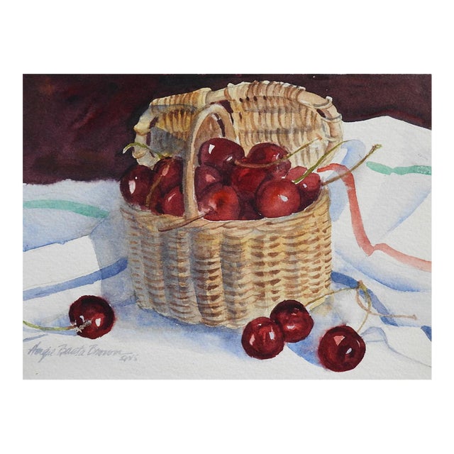 Contemporary Cherries and Basket Still Life Watercolor Painting For Sale
