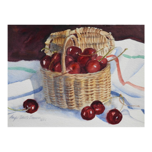 Contemporary Cherries and Basket Still Life Watercolor Painting
