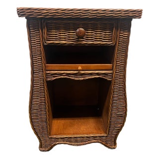 Vintage MCM Wicker Side Table With Drawer For Sale