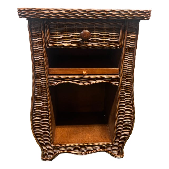 Vintage MCM Wicker Side Table With Drawer For Sale