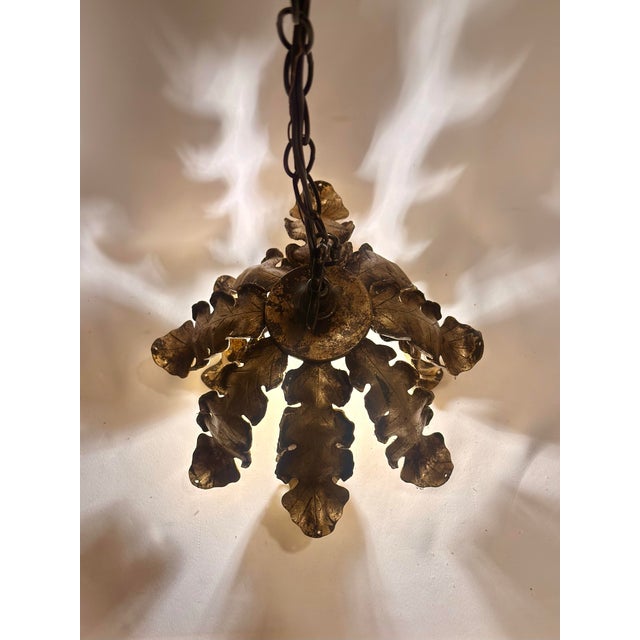 Mid-Century Modern Vintage Banci Firenze Style Hand-Gilt Oak Leaf Pendant Light For Sale - Image 3 of 12