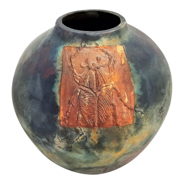 Vintage 1970s Studio Art Pottery Ceramic Raku Vase With Scarab Beetle