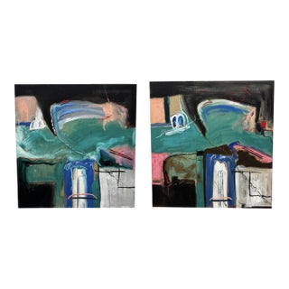 1980s Pair of Large Abstract Mixed Media Paintings, 1983 50x48” by Jack Compton For Sale