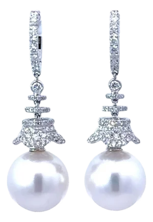 14mm South Sea Pearl Diamond 18k White Gold Dangle Earrings, A Pair