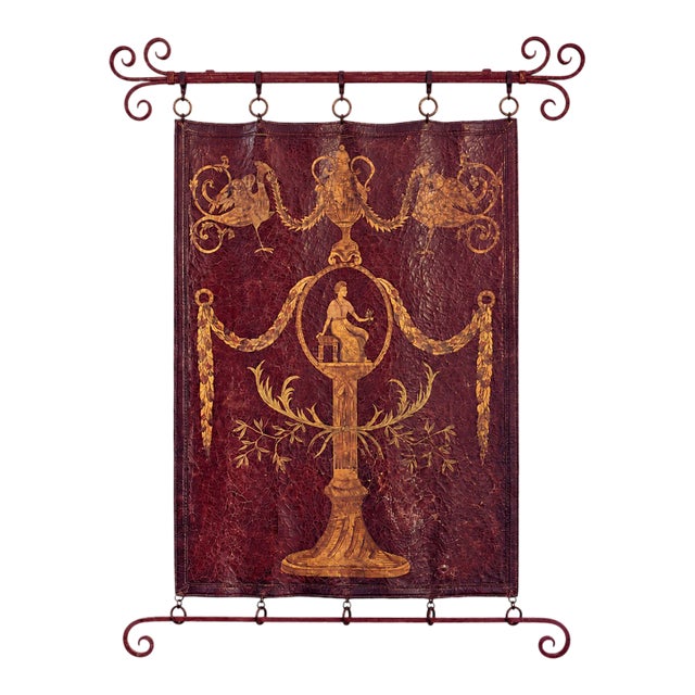 Large Antique Hand-Painted Leather Wall Hanging – Neoclassical Arabesque Motif For Sale