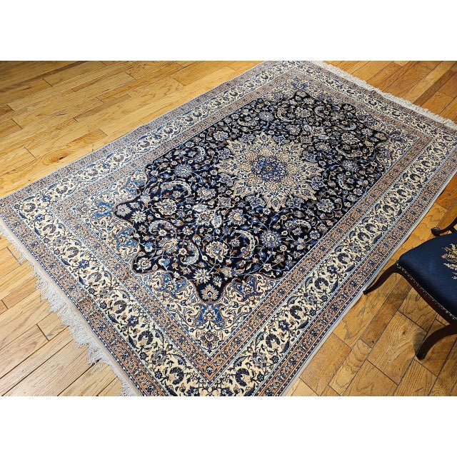 1900 - 1909 Vintage Nain Area Rug, Hand-Knotted Wool & Silk, Floral Pattern, 7x11, Navy & Ivory For Sale - Image 5 of 17
