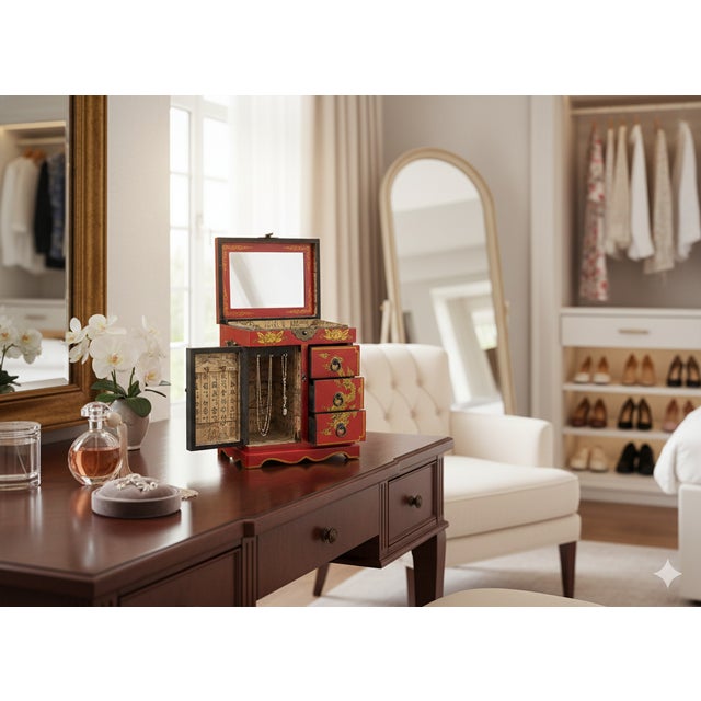 Chinese Oriental Red Dragon Phoenix Mirror Rectangular Jewelry Box For Sale - Image 9 of 11