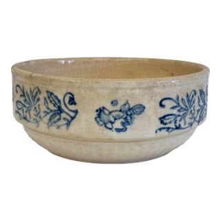 Antique Primitive Stoneware Crock Bowl With Floral Design For Sale
