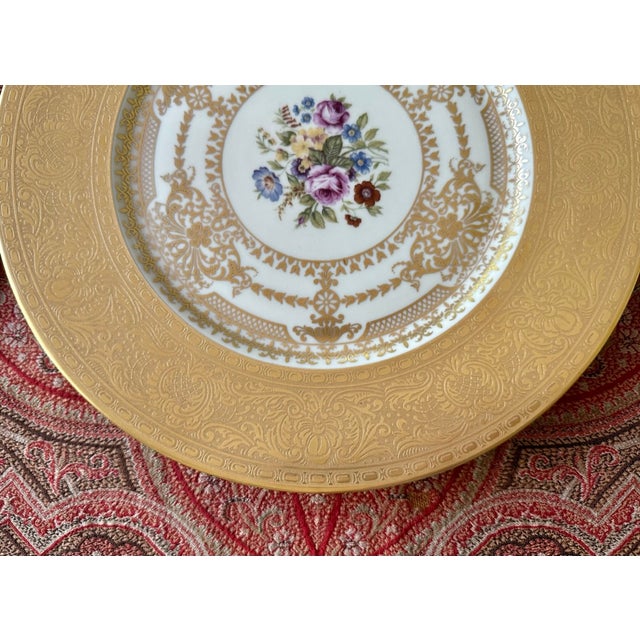 1920s Czechoslovakian Six Gold Encrusted Porcelain Plates | Antique Dinner Plates I Bohemian I Housewarming I Art Deco I Gold Gilded Border For Sale - Image 13 of 14