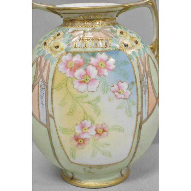 Antique Nippon Art Nouveau Hand Painted Porcelain Pink Flower Twin Handle Vase For Sale - Image 4 of 14