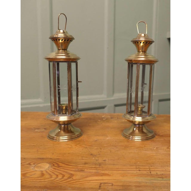 Pair of 6 sided Vintage Candle Etched Glass Carrying Lanterns Lovely looking pieces in very good probably unused...