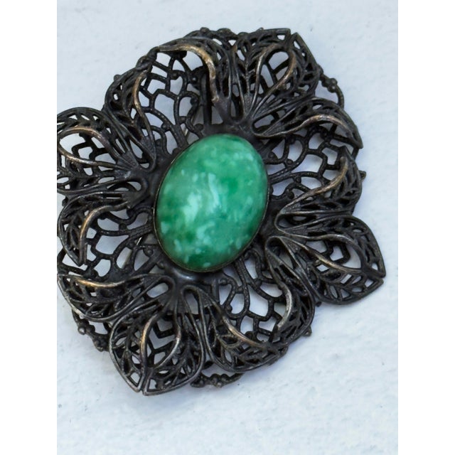 Whiting & Davis Vintage 1960s Victorian Revival Filigree Floral Brooch Green Cabochon Statement Pin For Sale - Image 4 of 12