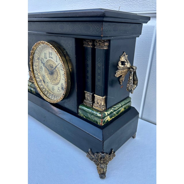 Black Antique E. Ingraham Adrian Mantle Clock Faux Green Marble Double Pillars W/Key For Sale - Image 8 of 15