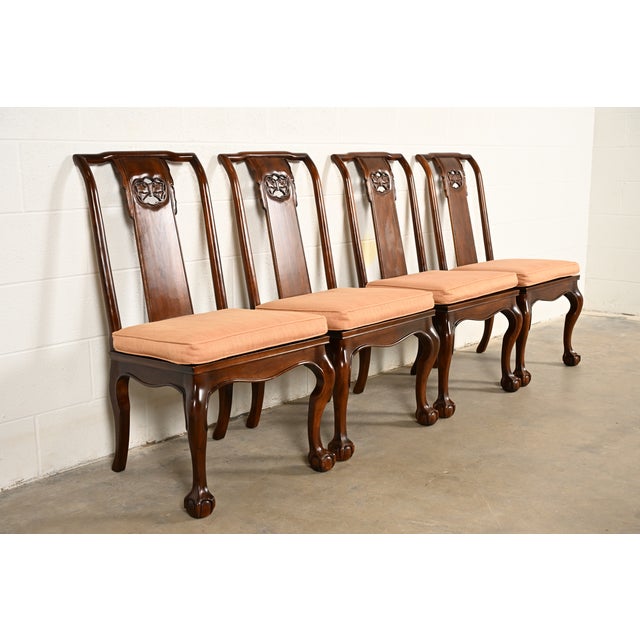 Drexel Heritage Drexel Heritage Hollywood Regency Chinoiserie Sculpted Mahogany Dining Chairs, Set of Four For Sale - Image 4 of 14