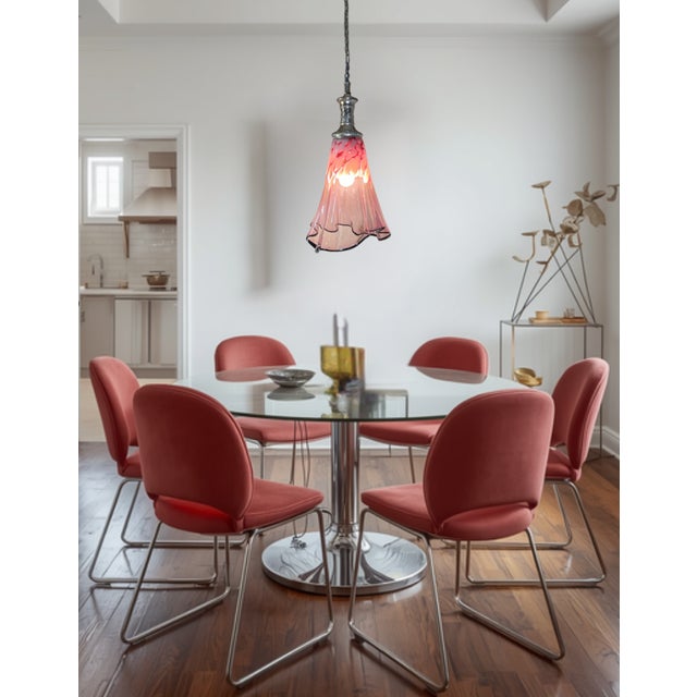 Large Fazzoletto Art Glass Raspberry Pink White Oval Pattern Pendant Light Signed For Sale - Image 10 of 18