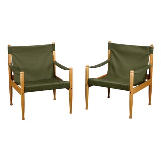 Vintage Danish Safari Chairs in Oak and Forest Green Canvas Fabric by Erik Wørts, 1970s, Set of 2 For Sale