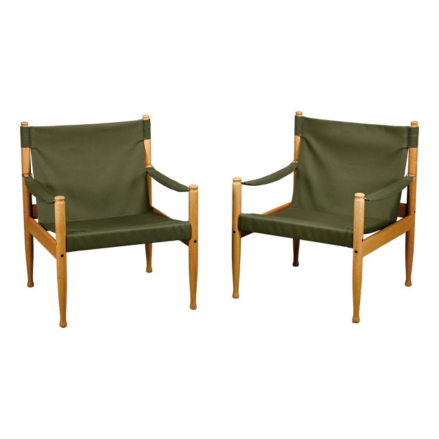 Vintage Danish Safari Chairs in Oak and Forest Green Canvas Fabric by Erik Wørts, 1970s, Set of 2 For Sale