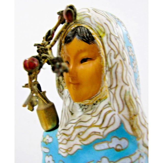 Antique Asian Blue Cloisonne Figurine Holding Brass Vase With Lotus Wood Base For Sale - Image 12 of 16