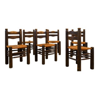 Set of 6 French Wood and Rush Dining Chairs, Attributed to Charles Dudouyt, 1940s For Sale